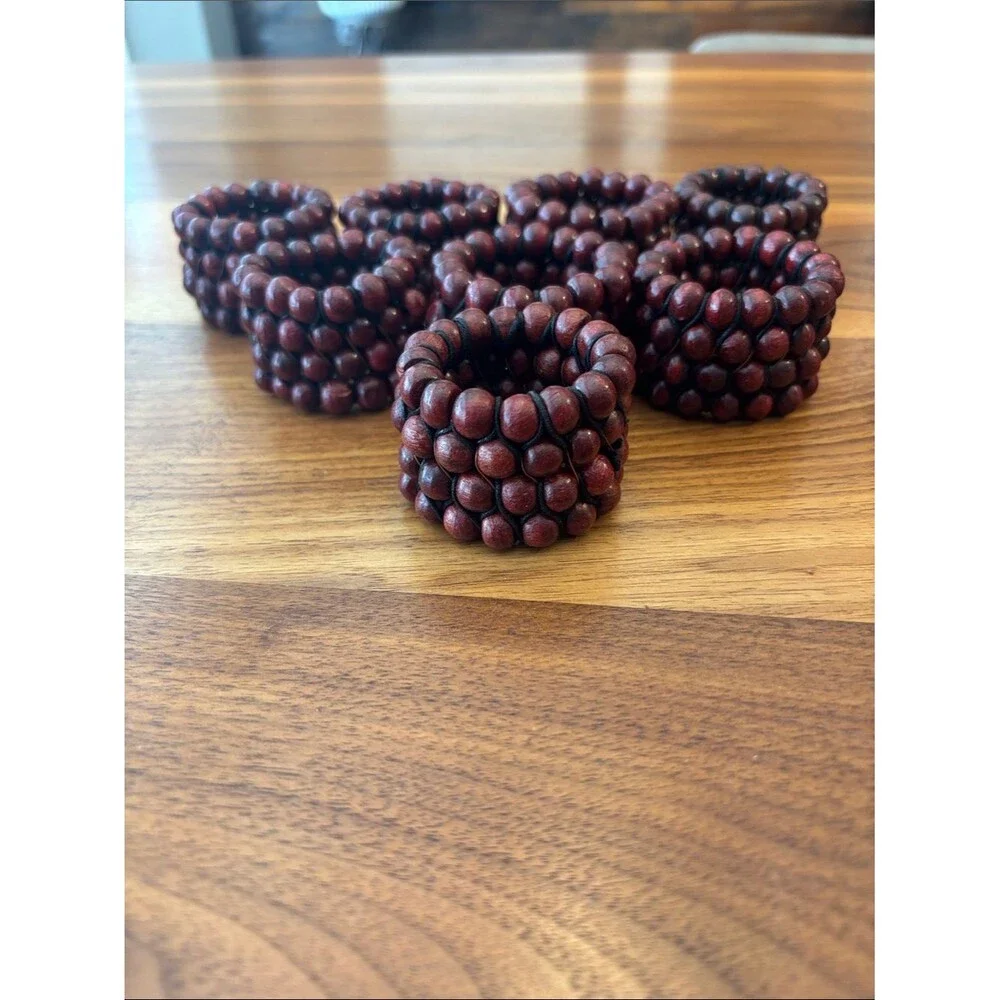 Crate & Barrel Mahogany Wood Red Beaded Napkin Rings Set of 8